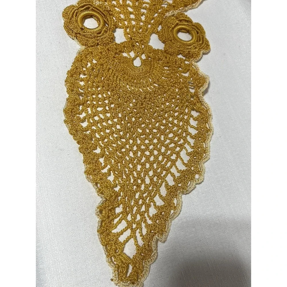 Vintage Owl Hand Crocheted Doily Cotton Gold Yellow MCM